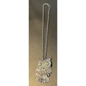 Owl Necklace Blue Rhinestone Eyes 3D Hinged Silver‎ Tone Articulated Retro MCM